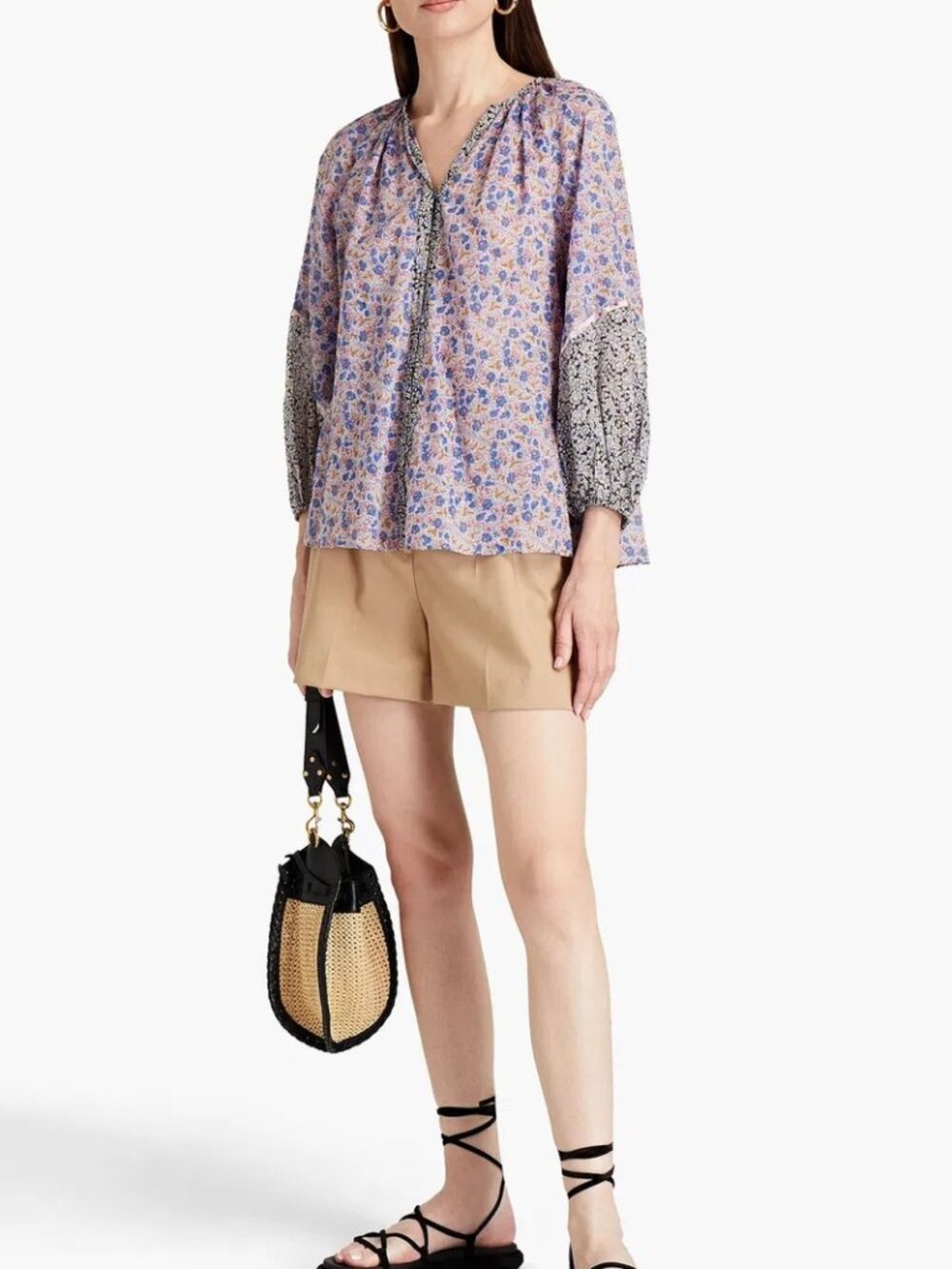 MAJE PANELED FLORAL-PRINT COTTON BLOUSE SIZE 3 (LARGE)